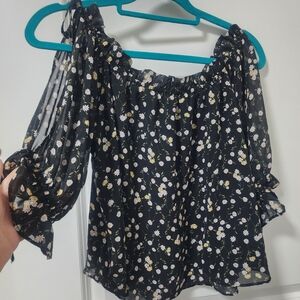 Floral Off-Shoulder/ Cold Shoulder Black Top